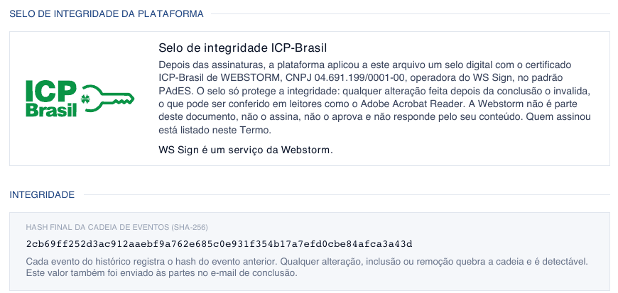 Seções Selo de integridade e Integridade do Termo, com o hash final da cadeia de eventos