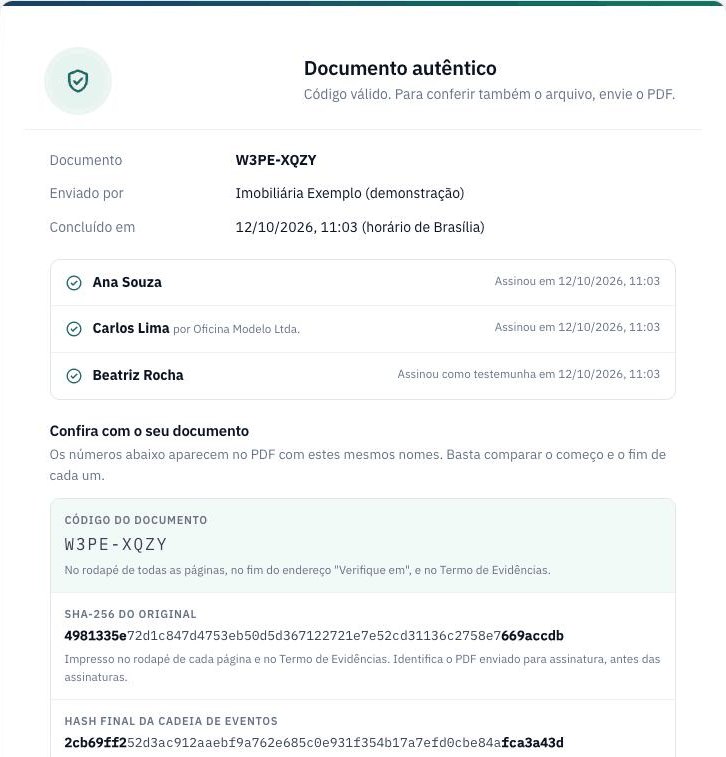 Resultado da verificação pública pelo código: documento autêntico, remetente, data de conclusão, participantes e os números para conferir com o PDF